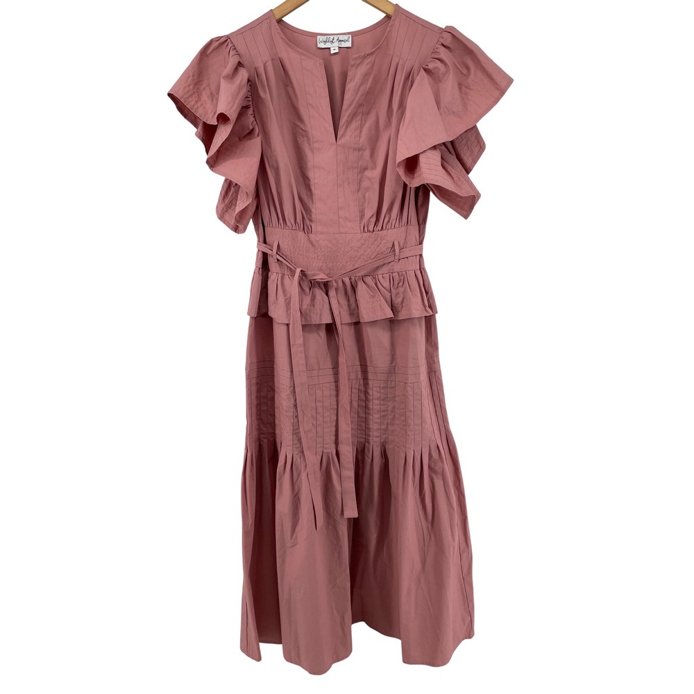 Tiered Maxi Dress Womens Medium Dusty Rose Cottagecore Romantic Flutter Sleeve